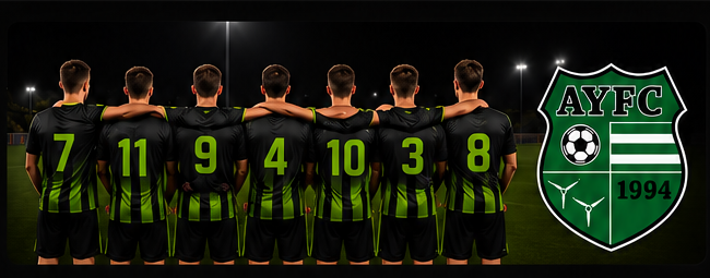 AYFC Adults team in black kits with green numbers and AYFC badge